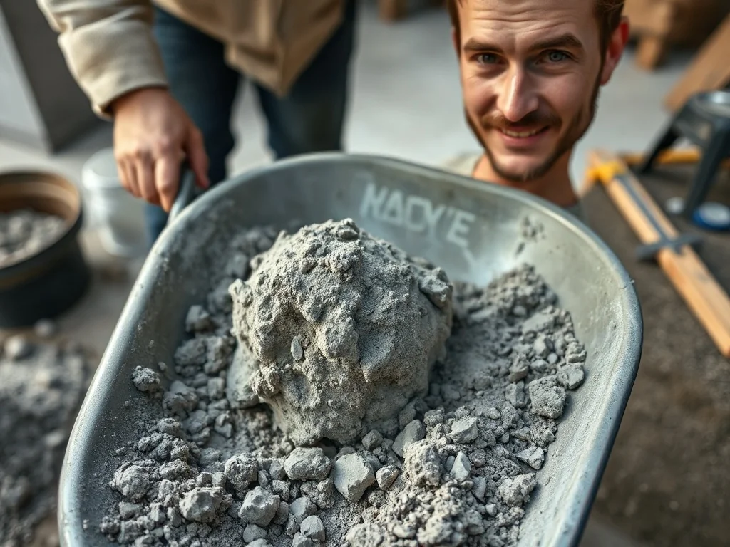 Mężczyzna przygotowujący suchy beton w metalowej taczce na placu budowy. Widoczne szczegóły mieszanki cementu i kruszywa.