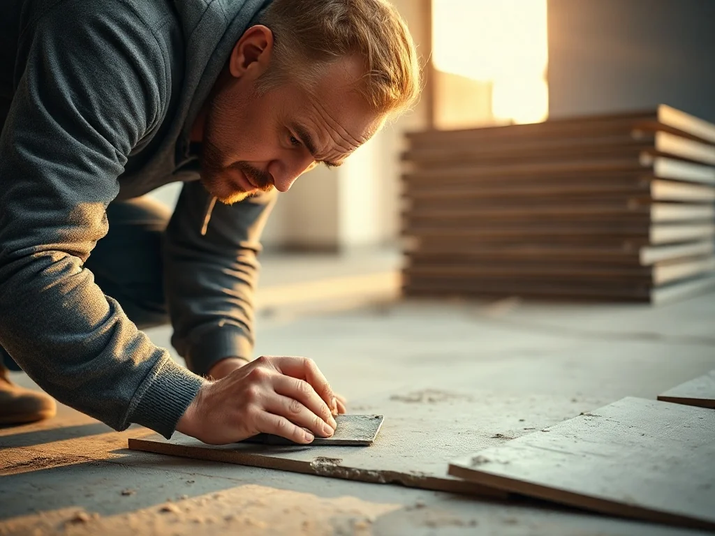 Fachowiec nakłada klej na podłoże za pomocą pacy zębatej, przygotowując powierzchnię pod montaż płytek ceramicznych.
