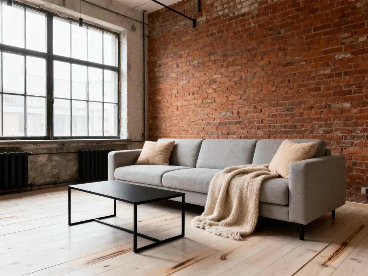 Przytulny salon scandi loft z ceglaną ścianą, jasną sofą i drewnianą podłogą