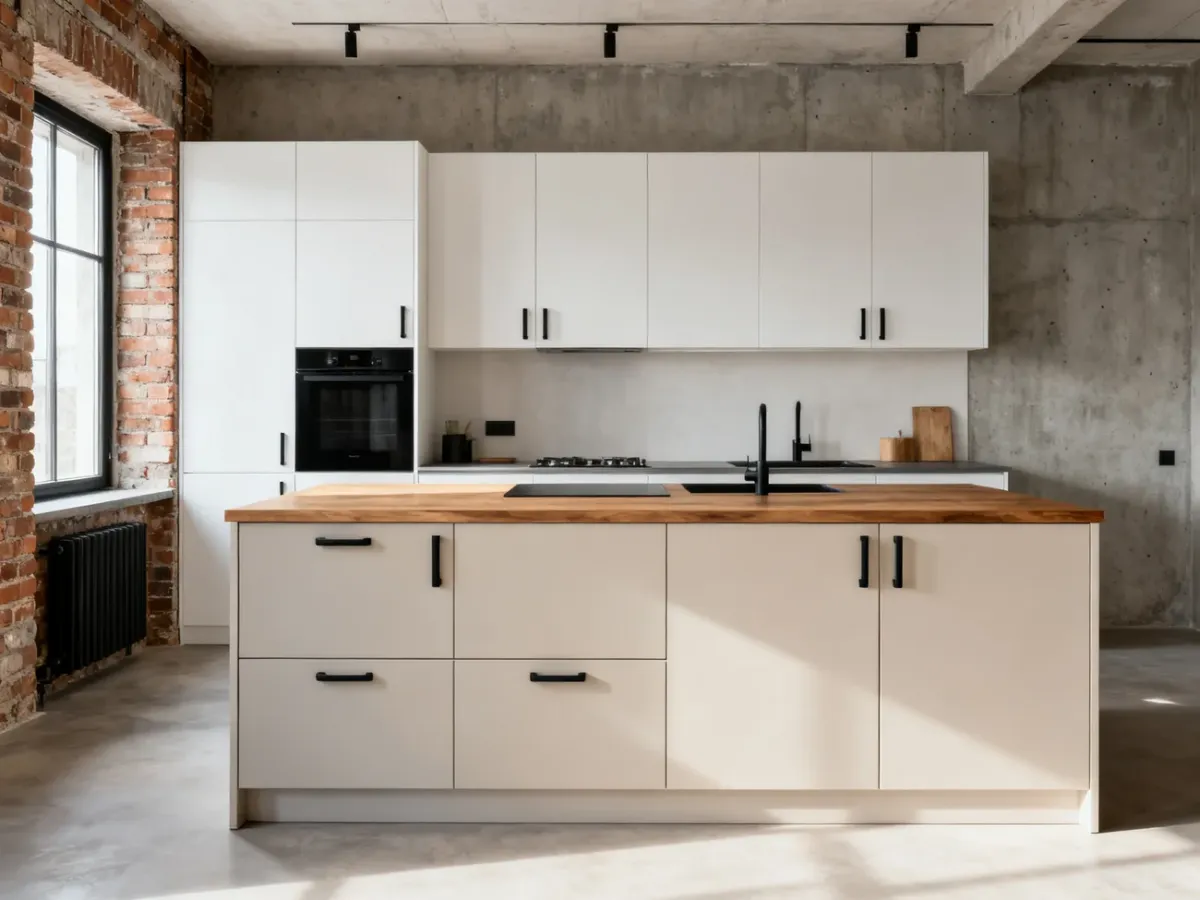 Jasna kuchnia scandi loft z czarnymi uchwytami i drewnianym blatem