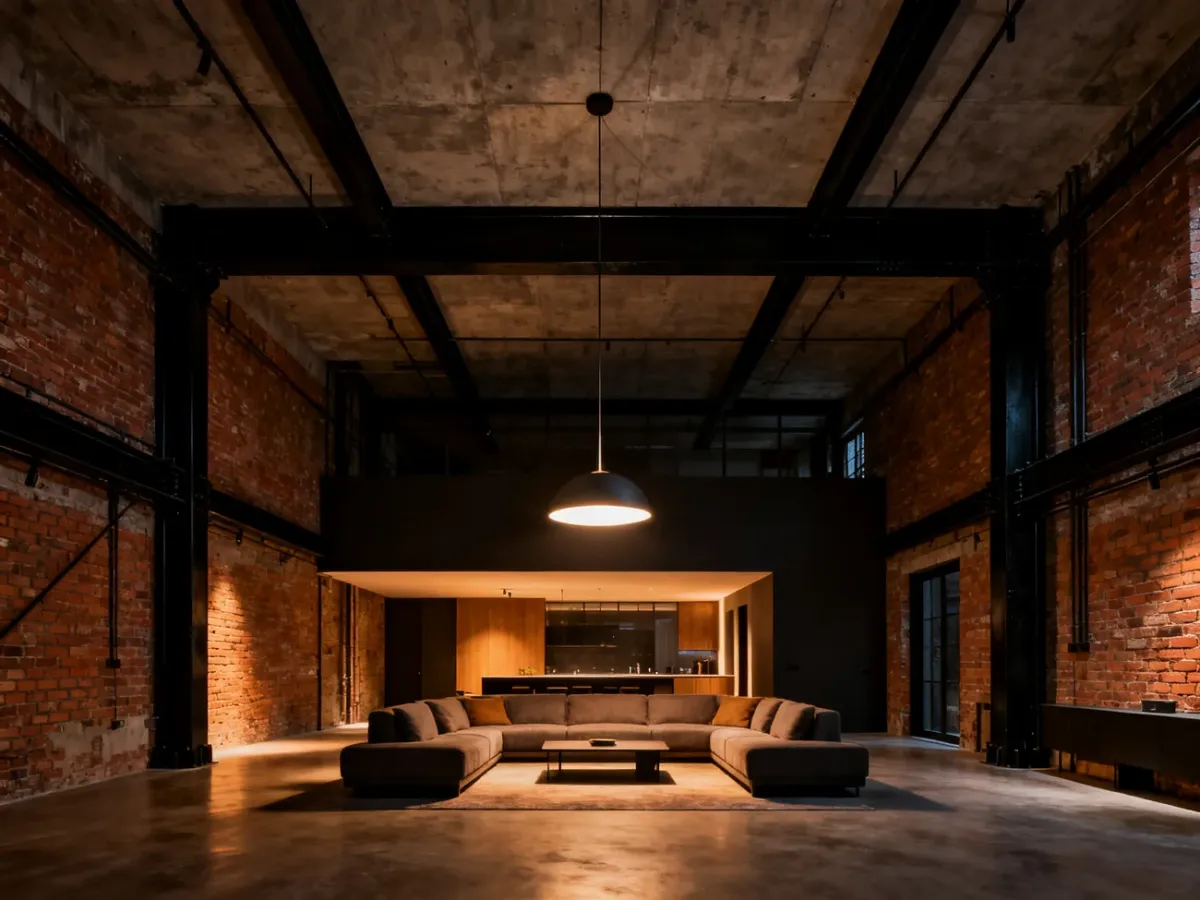 Loft z wysokim sufitem i długą lampą wiszącą