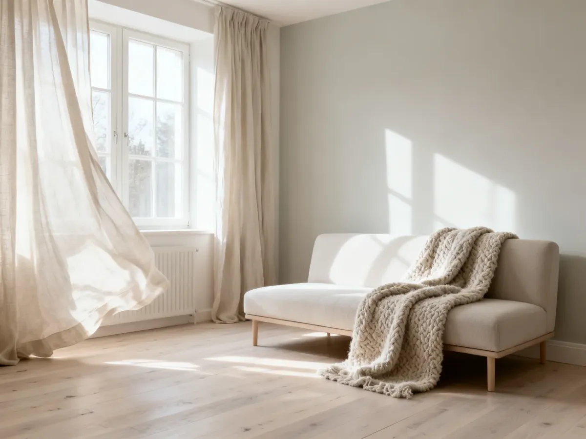 Jasny skandynawski salon w neutralnych kolorach z drewnem i tekstyliami