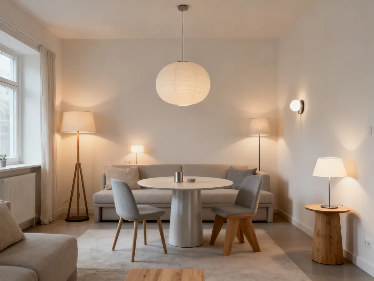 Spójny zestaw skandynawskich lamp w różnych strefach mieszkania