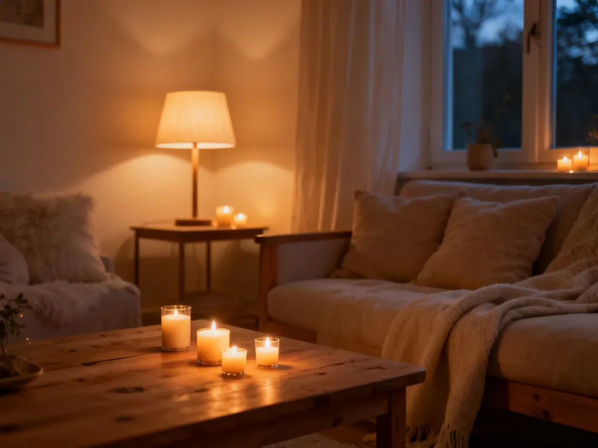 Przytulny salon oświetlony ciepłym światłem lamp i świec