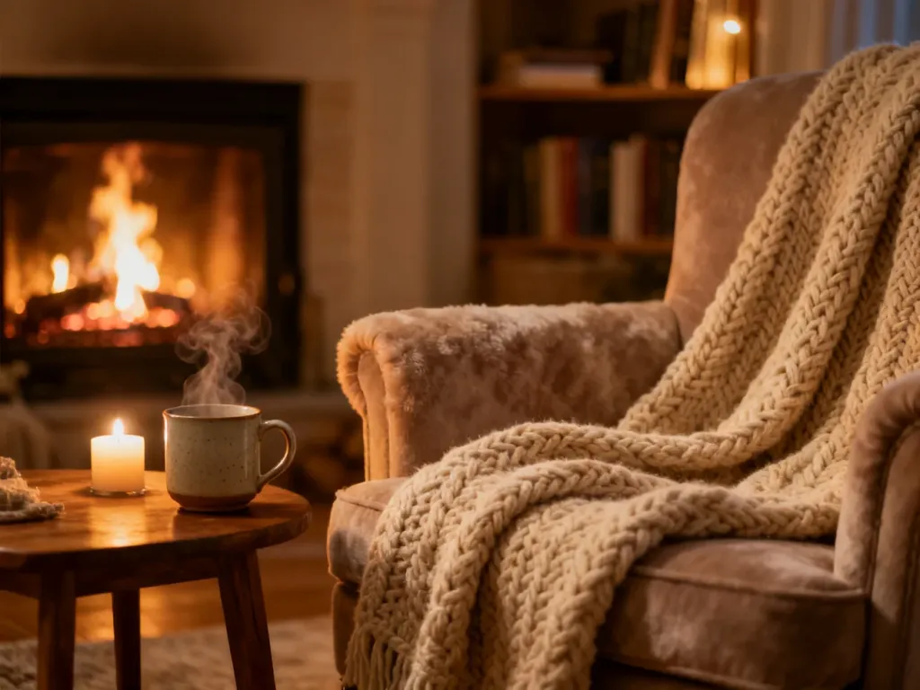 Przytulny salon w stylu hygge z miękkim kocem, parującą herbatą, świecą i kominkiem, tworzący atmosferę ciepła i spokoju.