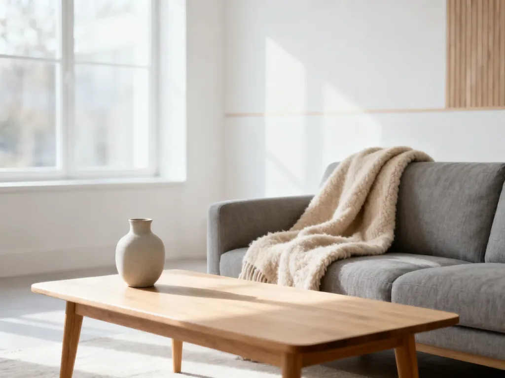 Jasny salon w stylu skandynawskim z szarą sofą, drewnianym stolikiem kawowym i minimalistycznymi dodatkami.