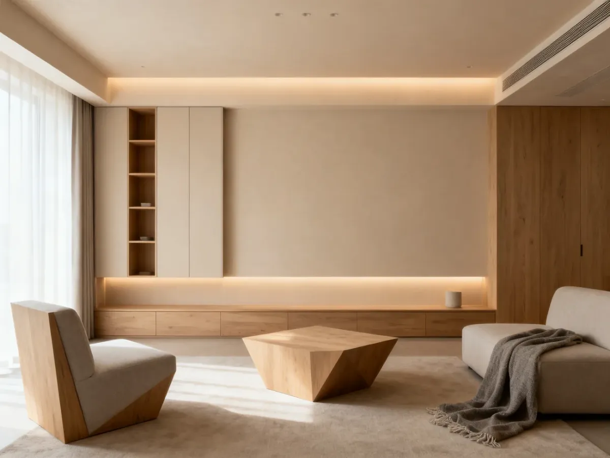Ciepły minimalistyczny salon z prostymi meblami i naturalnymi materiałami