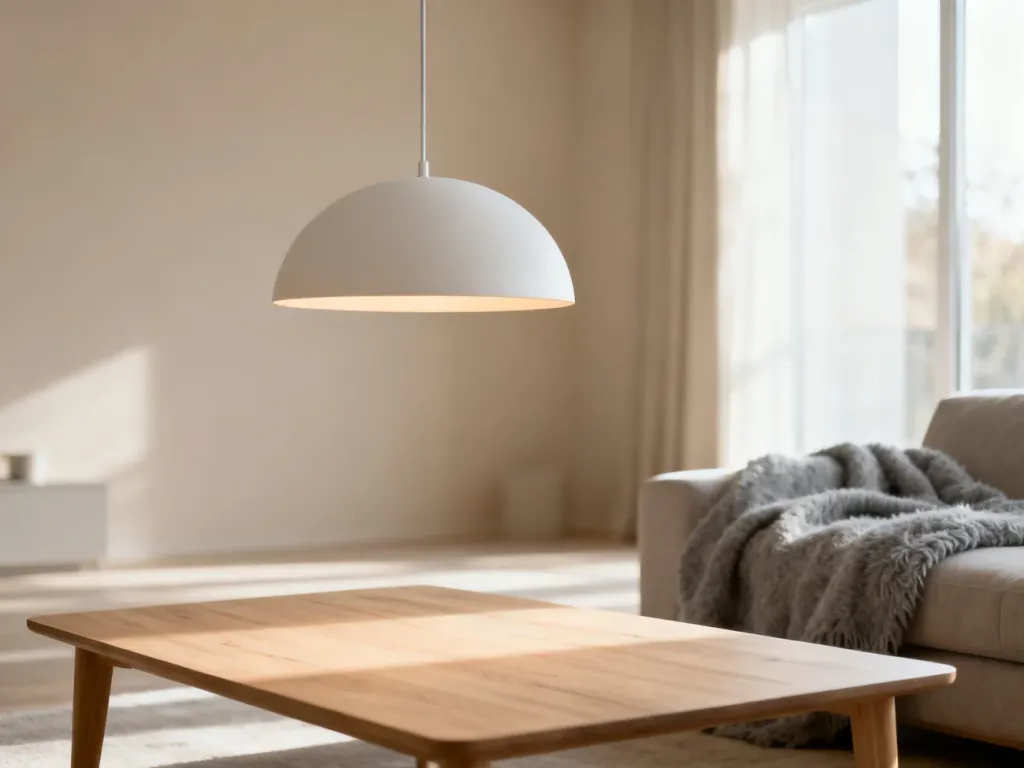 Przytulny salon w stylu skandynawskim z minimalistyczną białą lampą wiszącą, która emituje ciepłe, nastrojowe światło.