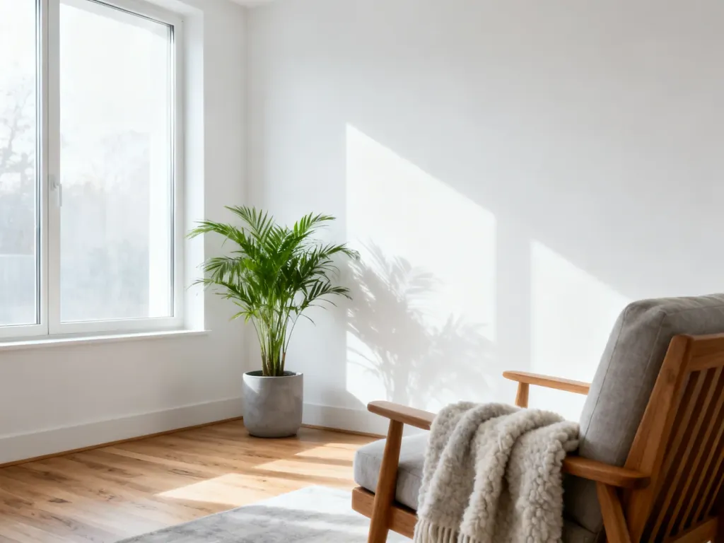 Jasny, minimalistyczny salon w stylu skandynawskim z drewnianym fotelem, wełnianym kocem i rośliną w świetle poranka.