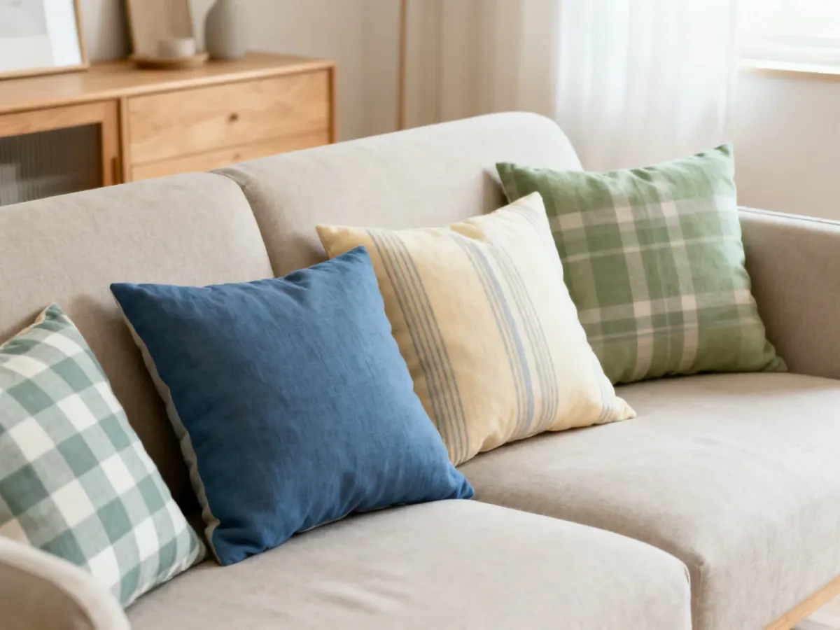 Neutralna sofa z delikatnie wzorzystymi poduszkami w stylu skandynawskim
