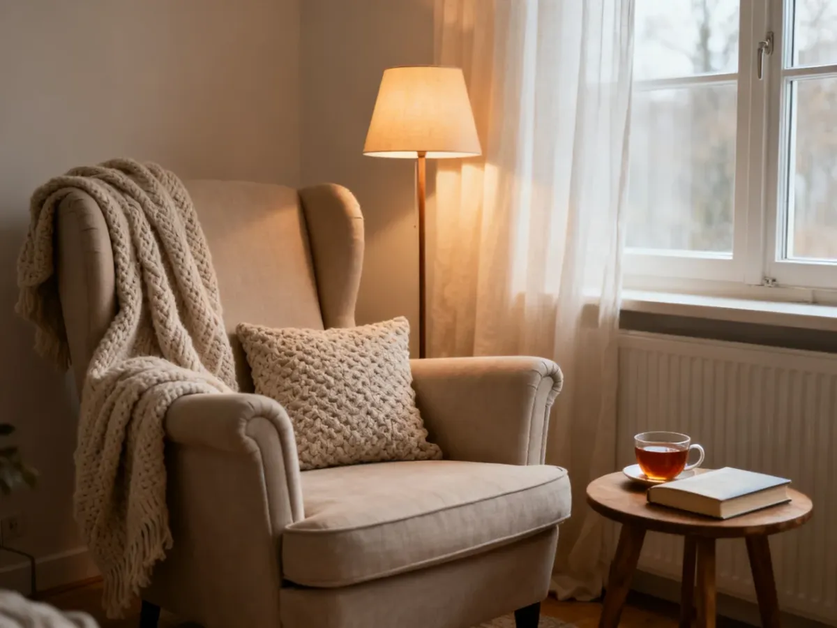 Przytulny kącik do czytania z fotelem, kocem i lampą