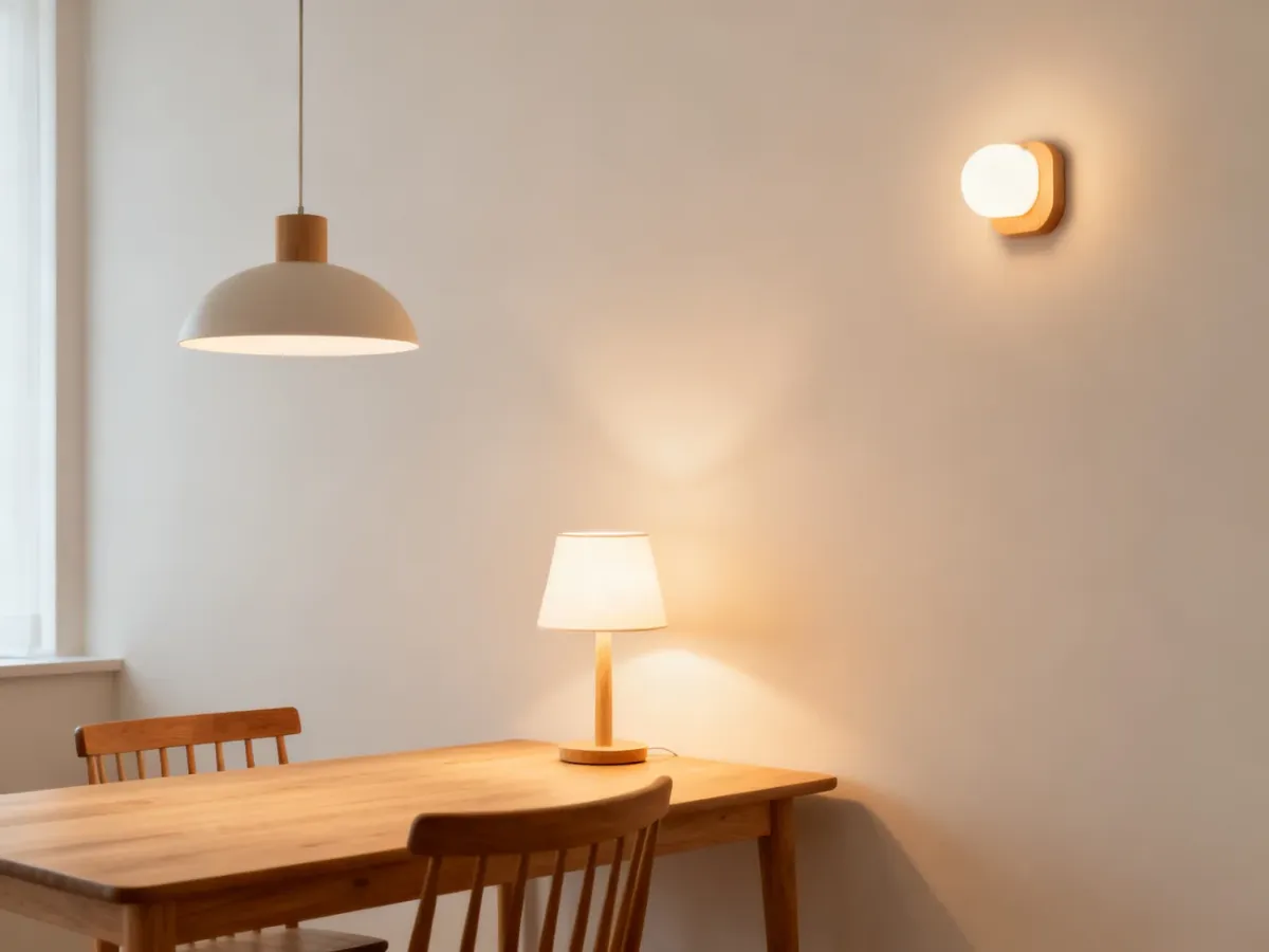 Minimalistyczne wnętrze z harmonijnie dobranymi lampami i ciepłym światłem