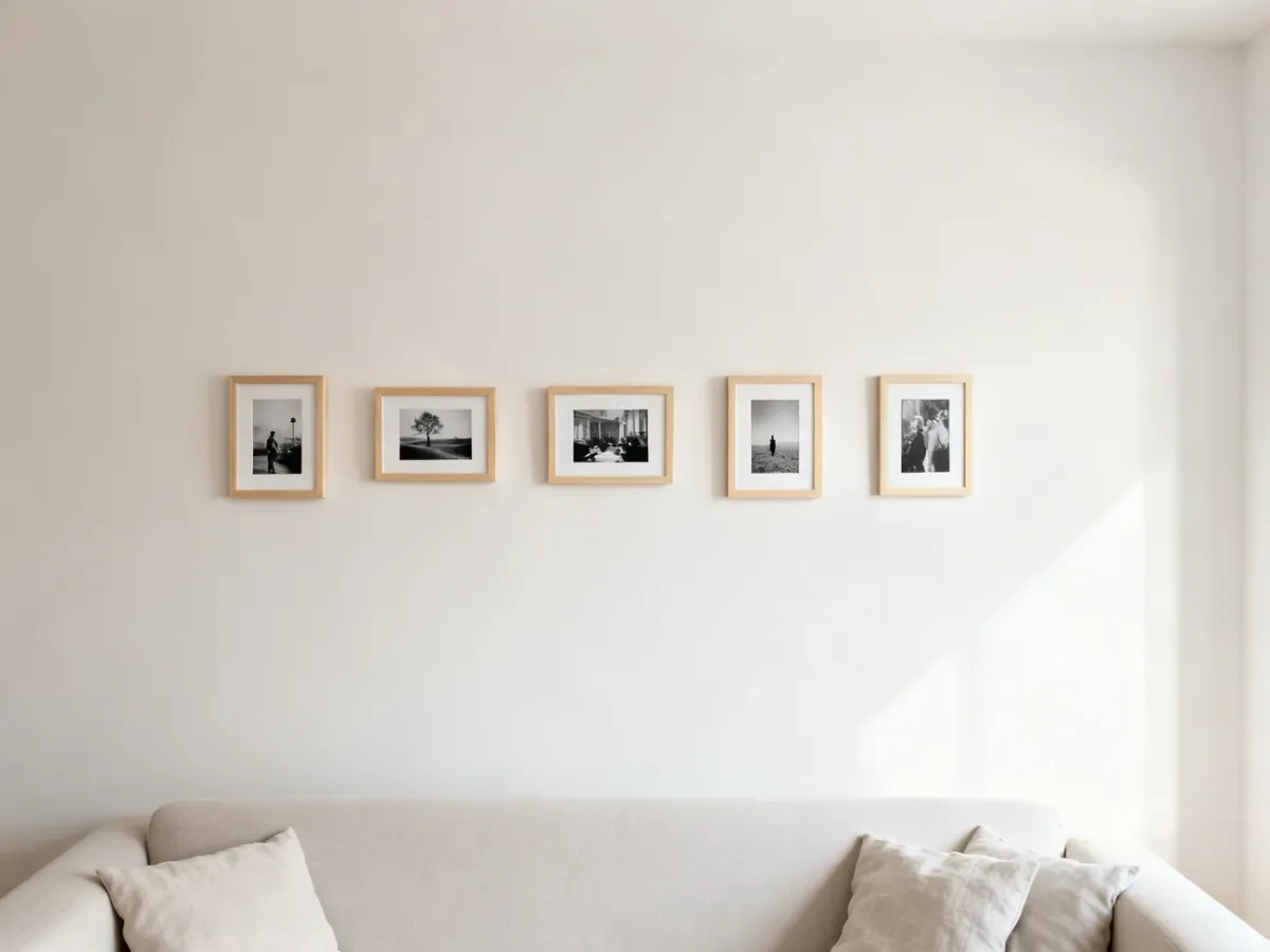 Minimalistyczna galeria zdjęć na ścianie salonu