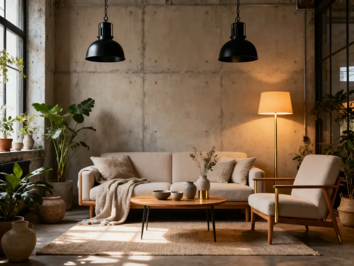 Oświetlenie i dodatki w ciepłym salonie scandi loft