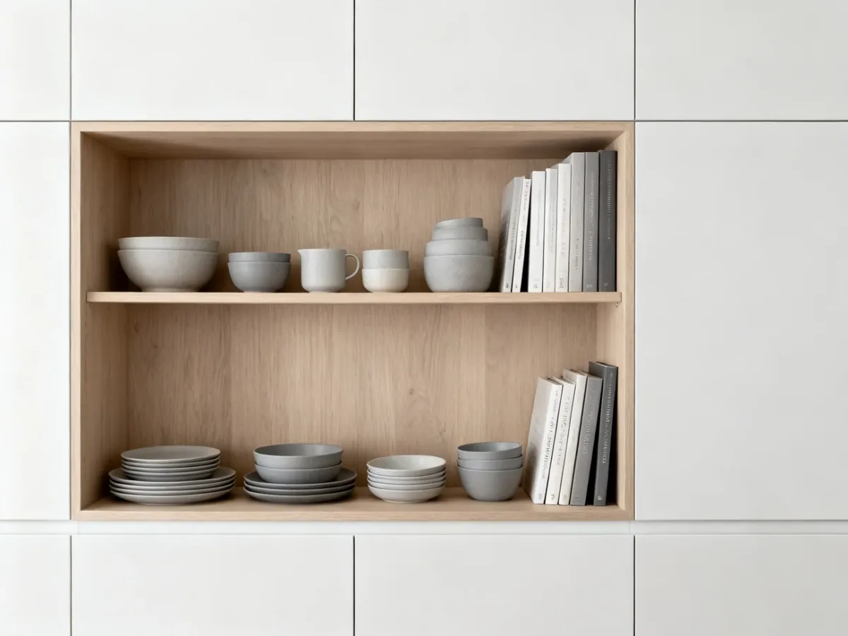 Uporządkowane otwarte półki z ceramiką w kuchni skandynawskiej