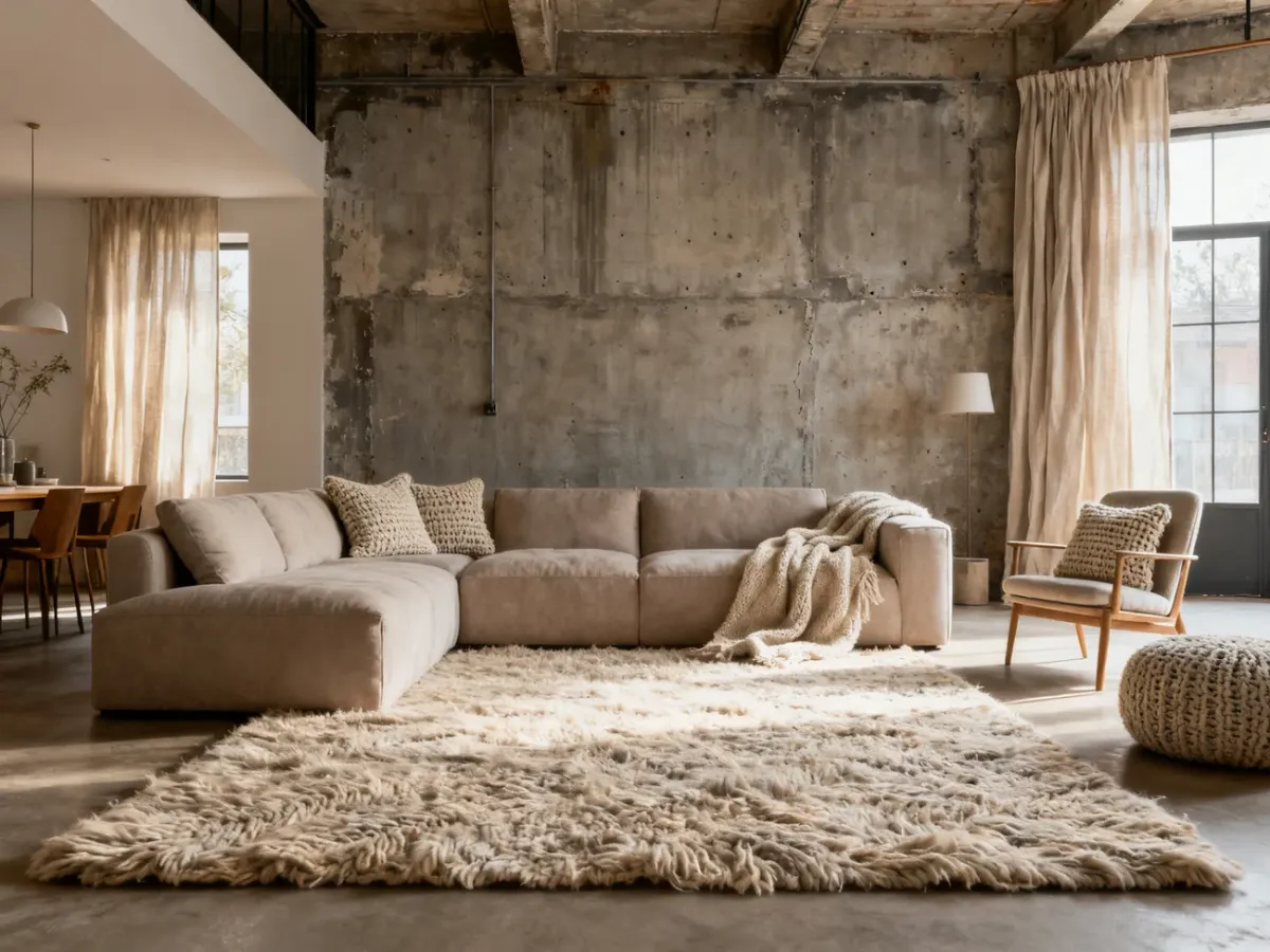 Tekstylia ocieplające industrialne wnętrze scandi loft
