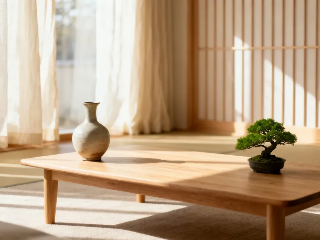 Minimalistyczny salon w stylu japandi z jasnym drewnianym stolikiem, bonsai i naturalnym światłem wpadającym przez zasłony.